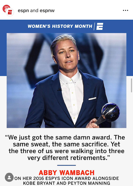Picture of U.S. soccer player Abby Wambach with the following quote: We just got the same damn award. The same sweat, the same sacrifice. Yet the three of us were walking into three very different retirements. 